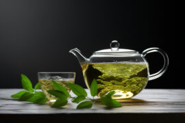 Na tym obrazku widoczna jest filiżanka z gorącą herbatą z szałwii, unosi się z niej delikatny aromat. Wypełniona po brzegi filiżanka symbolizuje przyjemność i relaks związany z piciem tego napoju. Obrazek ilustruje, jak herbata z szałwii może być nie tylko smacznym, ale także kojącym napojem, który korzystnie wpływa na zdrowie i samopoczucie