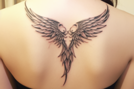 Na środku górnej części pleców kobiety widnieje tatuaż skrzydeł anioła, roztaczający swoje pióra symetrycznie po obu stronach kręgosłupa. Delikatne i szczegółowe linie tworzą wrażenie lekkości i finezji, a każde pióro jest wyraziste i starannie zarysowane. Tatuaż jest umieszczony tak, by wydawał się naturalnym przedłużeniem ciała, dodając aurę tajemniczości i swobody. Kobieta ma na sobie czarny top, który kontrastuje z tatuażem, jeszcze bardziej podkreślając jego wzór. Delikatna naszyjka z małym kamieniem na szyi dodaje subtelności całej kompozycji