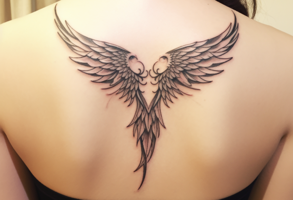Na środku górnej części pleców kobiety widnieje tatuaż skrzydeł anioła, roztaczający swoje pióra symetrycznie po obu stronach kręgosłupa. Delikatne i szczegółowe linie tworzą wrażenie lekkości i finezji, a każde pióro jest wyraziste i starannie zarysowane. Tatuaż jest umieszczony tak, by wydawał się naturalnym przedłużeniem ciała, dodając aurę tajemniczości i swobody. Kobieta ma na sobie czarny top, który kontrastuje z tatuażem, jeszcze bardziej podkreślając jego wzór. Delikatna naszyjka z małym kamieniem na szyi dodaje subtelności całej kompozycji