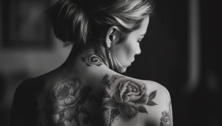 Na obrazku widoczny jest duży tatuaż kwiatowy umieszczony na plecach kobiety. Kwiaty o pięknych kolorach i delikatnych detalach tworzą harmonijną kompozycję, dodając wyjątkowego piękna i elegancji do jej skóry. Ten kwiatowy tatuaż na plecach kobiety jest nie tylko artystycznym dziełem, ale także wyraża jej miłość do natury, symbolizuje wzrost, piękno i siłę