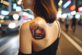 Tatuaż na plecach przedstawia fastfood