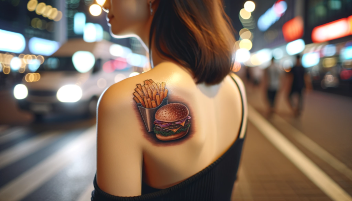 Tatuaż na plecach przedstawia fastfood