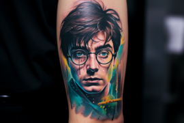 Na obrazku widoczny jest niesamowity tatuaż przedstawiający postać Harry'ego Pottera w pełnej akcji. Detalizacja tatuażu jest niesamowita, od wyrazu na twarzy Harry'ego po każdy szczegół jego charakterystycznej szaty. Ten tatuaż z Harrym Potterem emanuje magią, przywołując do życia ikoniczną postać i przypominając o mocy i przygodach związanych z tym niezwykłym świecie literatury i filmu