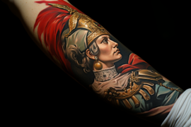 Na obrazku widzimy imponujący tatuaż przedstawiający husarię w pełnej zbroi, emanującą siłą i dumnym wyrazem. Detalizacja tatuażu jest niezwykła, od zdobień na zbroi po każdy element hełmu i dzidy. Ten tatuaż z husarią wzbudza wrażenie męskości, odwagi i patriotyzmu, stanowiąc zarazem hołd dla polskiego dziedzictwa i symbolu historycznego