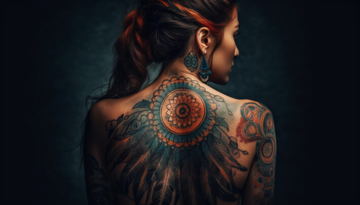 Na obrazku widoczny jest kolorowy tatuaż na plecach kobiety. Intensywne kolory i precyzyjne detale tworzą wspaniałą kompozycję, która pięknie ozdabia jej skórę, dodając jej wyjątkowego blasku. Ten kolorowy tatuaż na plecach kobiety jest nie tylko artystycznym dziełem, ale również wyraża jej osobiste historie, symbolizuje siłę i piękno