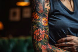Na obrazku widoczny jest kolorowy tatuaż na ramieniu kobiety. Intensywne kolory i precyzyjne detale tworzą wspaniałą kompozycję, która przyciąga uwagę i rozbudza zmysły. Ten kolorowy tatuaż na ramieniu kobiety jest nie tylko artystycznym wyrazem, ale również wyraża jej osobiste historie, pasje i indywidualność