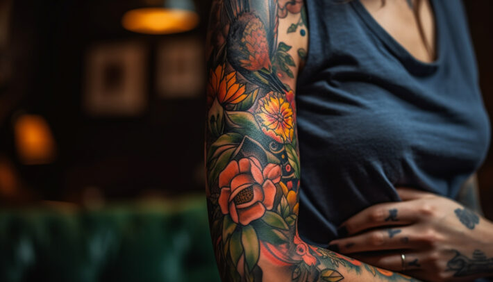 Na obrazku widoczny jest kolorowy tatuaż na ramieniu kobiety. Intensywne kolory i precyzyjne detale tworzą wspaniałą kompozycję, która przyciąga uwagę i rozbudza zmysły. Ten kolorowy tatuaż na ramieniu kobiety jest nie tylko artystycznym wyrazem, ale również wyraża jej osobiste historie, pasje i indywidualność