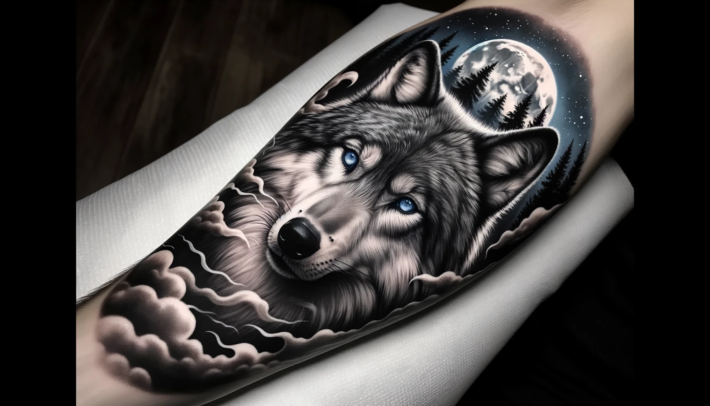 Na obrazku widoczny jest wspaniały tatuaż przedstawiający wilka, który jest głównym motywem. To mistyczne dzieło sztuki ciała ukazuje potężną symbolikę wilka, emanującą siłą, odwagą i duchową mocą. Detale tego tatuażu z wilkiem wzbudzają zachwyt i zapewne skłaniają do refleksji nad znaczeniem wilka jako totemowego zwierzęcia i jego wyjątkowej roli w kulturze i mitologii