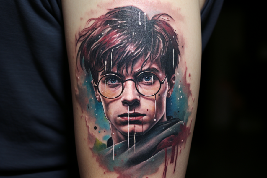 Na obrazku możemy podziwiać wspaniały tatuaż przedstawiający Harry'ego Pottera w charakterystycznym stroju z magiczną różdżką w ręku. Detalizacja tatuażu jest imponująca, od szczegółów na twarzy Harry'ego po każdy element jego ubioru i akcesoriów. Ten tatuaż z Harrym Potterem wzbudza nostalgiczne uczucia, przypominając o wspaniałym świecie magii, przyjaźni i przygód, które stworzył J.K. Rowling