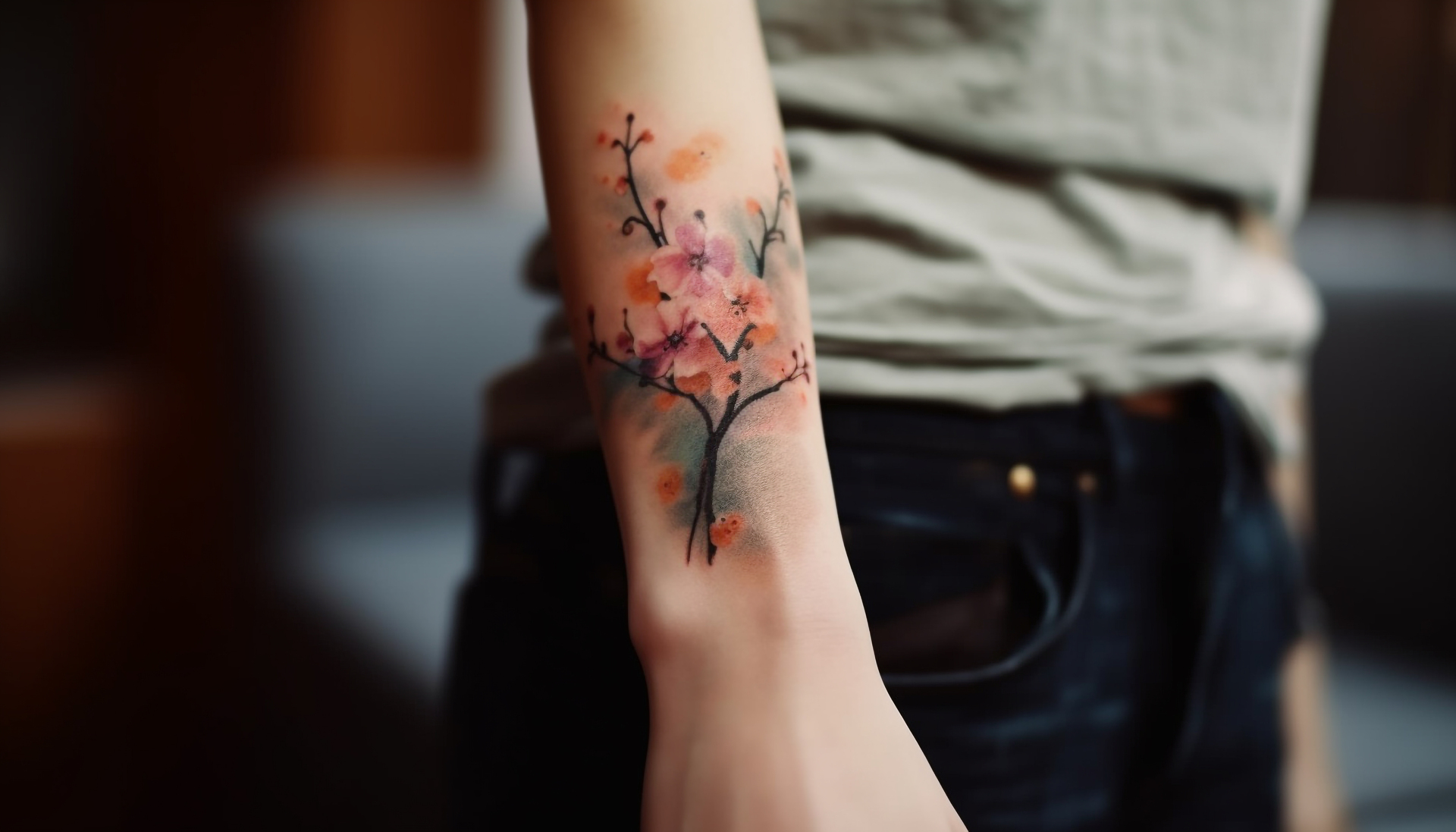 Obrazek przedstawia wspaniały tatuaż, na którym widoczne są piękne kwiaty, a wśród nich wyjątkowa niezapominajka, która przyciąga wzrok swoim niepowtarzalnym urokiem. Kwiaty na tym tatuażu emanują delikatnością i pięknem natury, tworząc harmonijną kompozycję na skórze. Niezapominajka jako symboliczny element dodaje temu tatuażowi głębokiej symboliki, niosąc przesłanie o pamięci, miłości i sentymentach