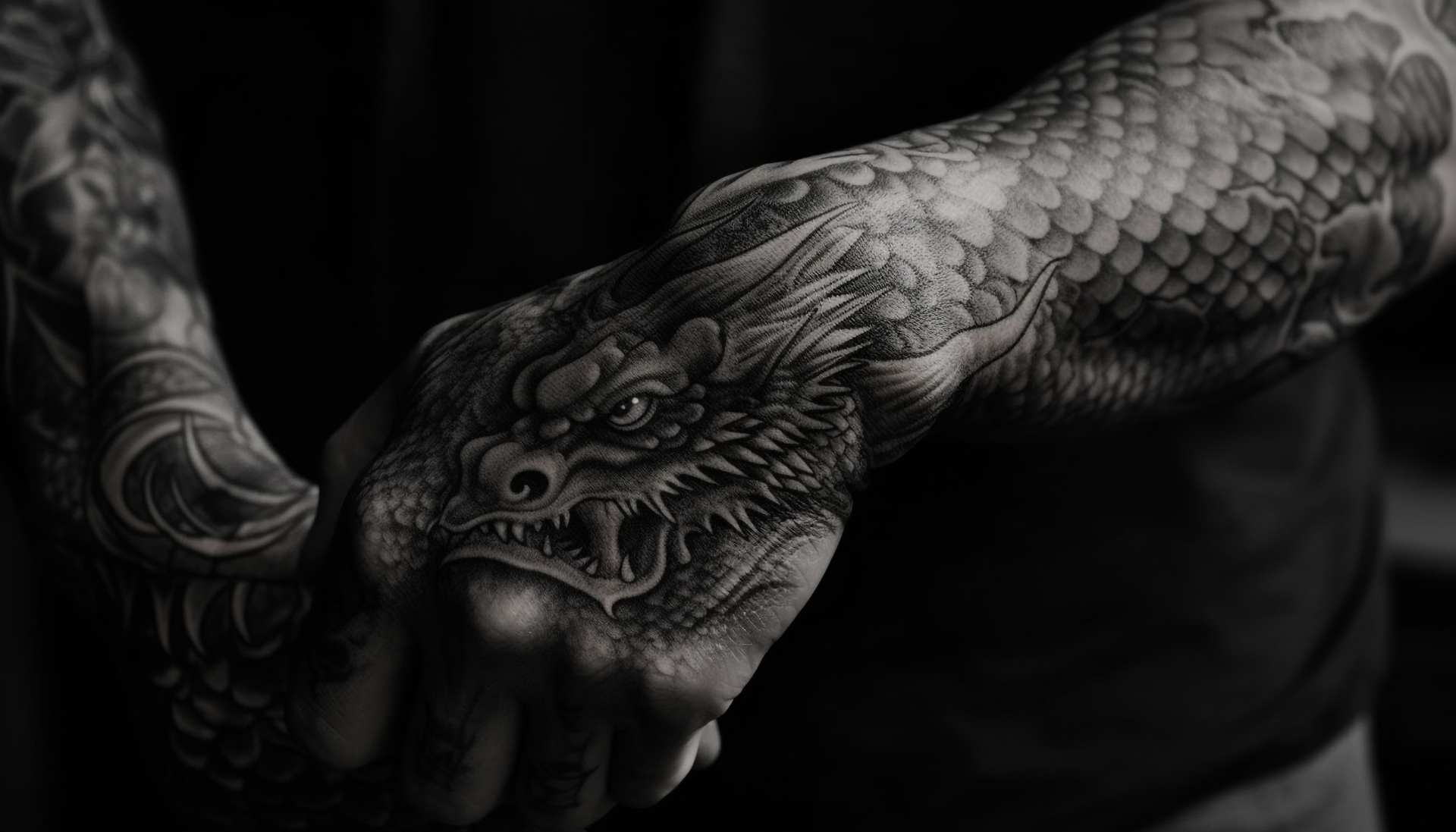 Na tym obrazku możemy zobaczyć imponujący tatuaż smoka umieszczony na dłoni, który przyciąga wzrok swoją precyzją i detalami. Ten wyjątkowy tatuaż smoka na dłoni jest nie tylko artystycznym wyrazem, ale także odzwierciedla siłę, mądrość i ochronę, które smok symbolizuje. Wykonany w czarnych barwach, ten tatuaż smoka na dłoni tworzy efektowną kompozycję, która uosabia moc i charakter właściciela