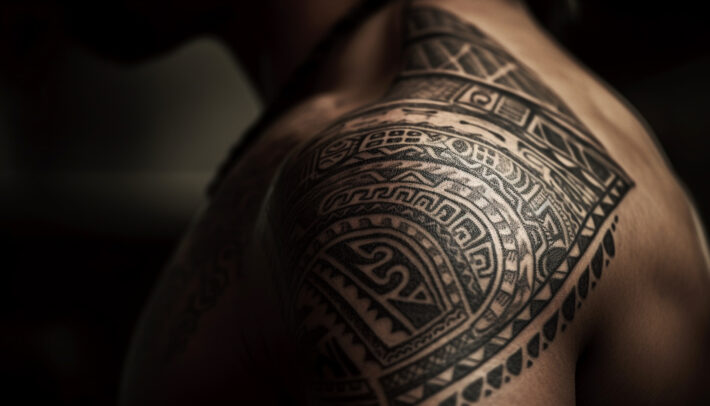 Szczegółowy tatuaż z motywami kultury rdzennych mieszkańców, pokrywający bark jak i plecy mężczyzny. Wzory są złożone i składają się z geometrycznych kształtów, spiralnych linii i tradycyjnych symboli, które są wyraźnie widoczne na ciemniejszym tle skóry. Oświetlenie akcentuje bogactwo detali tatuażu, nadając mu trójwymiarowy efekt
