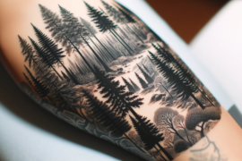 poziome zdjęcie tatuażu przedstawiające las i drzewa, wykonane czarnym tuszem