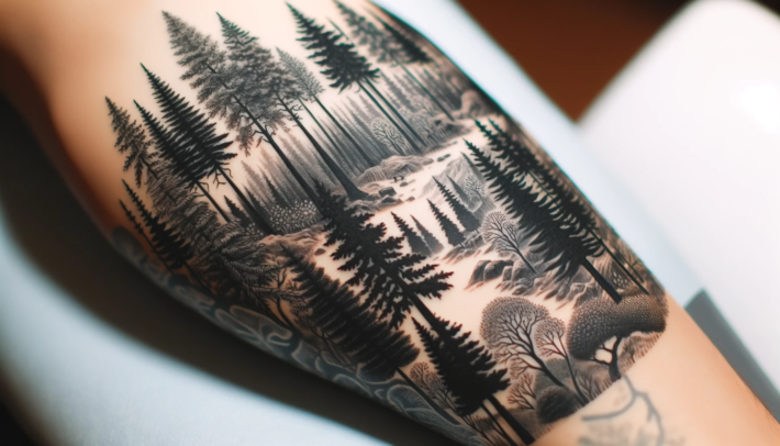 poziome zdjęcie tatuażu przedstawiające las i drzewa, wykonane czarnym tuszem