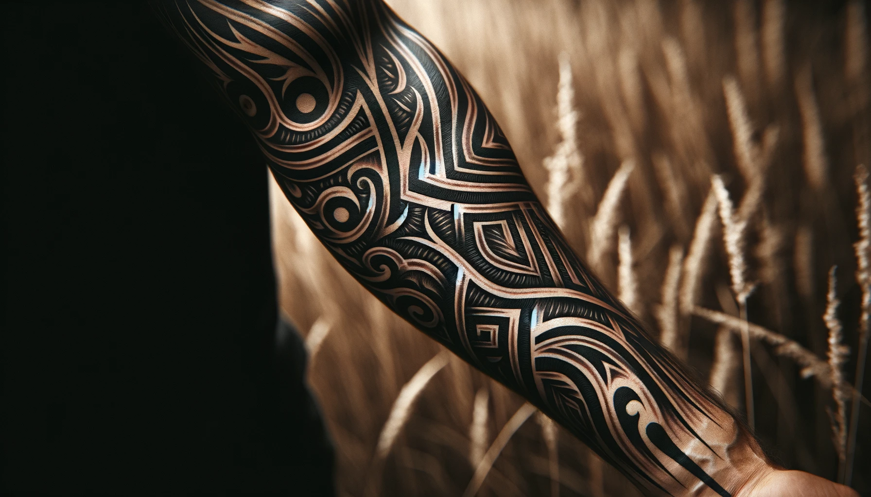 Tatuażu plemiennego na przedramieniu mężczyzny. Tatuaż zawiera skomplikowane wzory czarnego tuszu, typowe dla projektów plemiennych