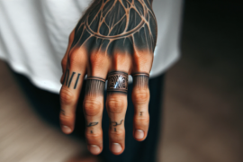 Tatuaż obrączek na palcach prezentuje się wyjątkowo. Zostały wykonane w stylu pasów i wzorów, które naśladują prawdziwą biżuterię. Na środkowym palcu wyróżnia się pierścień z intrygującym wzorem, być może symbolicznym lub reprezentującym pewne osobiste znaczenie. Osoba, której dłonie są uwiecznione, ma również inne tatuaże na palcach, w tym cyfry rzymskie i minimalistyczne symbole, które dodają charakteru całości. Na wierzchu dłoni widnieje większy, złożony tatuaż z geometrycznymi wzorami, tworzącymi efekt ażurowej rękawiczki. Wszystkie te elementy tworzą spójny obraz osobistej ekspresji artystycznej