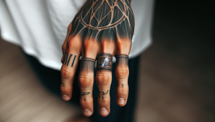 Tatuaż obrączek na palcach prezentuje się wyjątkowo. Zostały wykonane w stylu pasów i wzorów, które naśladują prawdziwą biżuterię. Na środkowym palcu wyróżnia się pierścień z intrygującym wzorem, być może symbolicznym lub reprezentującym pewne osobiste znaczenie. Osoba, której dłonie są uwiecznione, ma również inne tatuaże na palcach, w tym cyfry rzymskie i minimalistyczne symbole, które dodają charakteru całości. Na wierzchu dłoni widnieje większy, złożony tatuaż z geometrycznymi wzorami, tworzącymi efekt ażurowej rękawiczki. Wszystkie te elementy tworzą spójny obraz osobistej ekspresji artystycznej