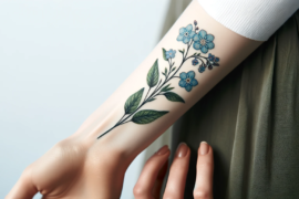 Tatuaż przedstawiający kwiatowy motyw rozpościera się wzdłuż przedramienia, prezentując niebieskie kwiaty i zielone liście o delikatnych i szczegółowych konturach. Kompozycja kwiatowa jest dopracowana, z cieniowaniem dodającym głębi i realizmu wzorowi. Skóra wokół tatuażu jest nieskazitelna, co pozwala na wyraźne wyeksponowanie barwnego dzieła sztuki. Jego umiejscowienie i styl sprawiają, że tatuaż jest zarówno subtelną ozdobą, jak i wyrazistym akcentem na ciele