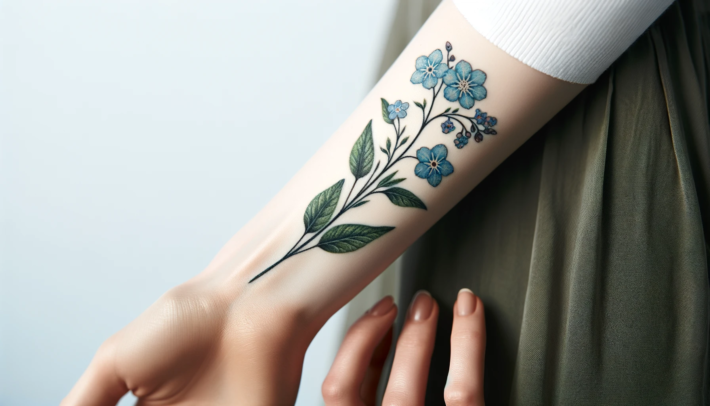 Tatuaż przedstawiający kwiatowy motyw rozpościera się wzdłuż przedramienia, prezentując niebieskie kwiaty i zielone liście o delikatnych i szczegółowych konturach. Kompozycja kwiatowa jest dopracowana, z cieniowaniem dodającym głębi i realizmu wzorowi. Skóra wokół tatuażu jest nieskazitelna, co pozwala na wyraźne wyeksponowanie barwnego dzieła sztuki. Jego umiejscowienie i styl sprawiają, że tatuaż jest zarówno subtelną ozdobą, jak i wyrazistym akcentem na ciele
