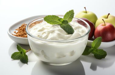Na obrazku widoczny jest jogurt naturalny serwowany w uroczej szklanej miseczce. Świeżość i kremowa konsystencja jogurtu przyciągają wzrok. To zdrowe i pożywne danie, bogate w białko i probiotyki, doskonałe na śniadanie lub jako lekka przekąska