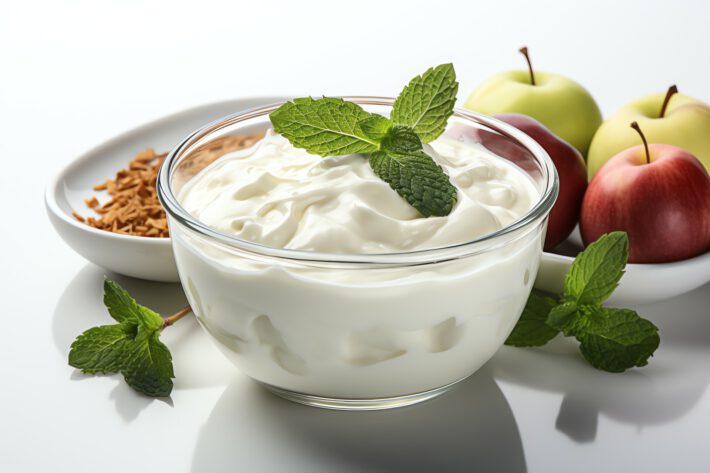 Na obrazku widoczny jest jogurt naturalny serwowany w uroczej szklanej miseczce. Świeżość i kremowa konsystencja jogurtu przyciągają wzrok. To zdrowe i pożywne danie, bogate w białko i probiotyki, doskonałe na śniadanie lub jako lekka przekąska