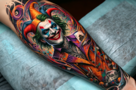 Kolorowy tatuaż z Jokerem na przedramieniu