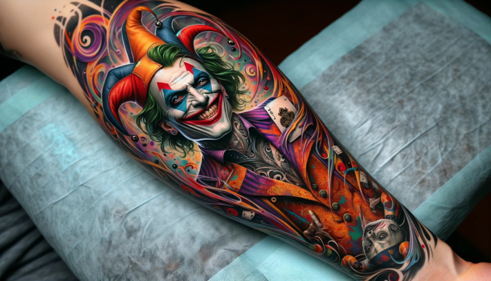Kolorowy tatuaż z Jokerem na przedramieniu