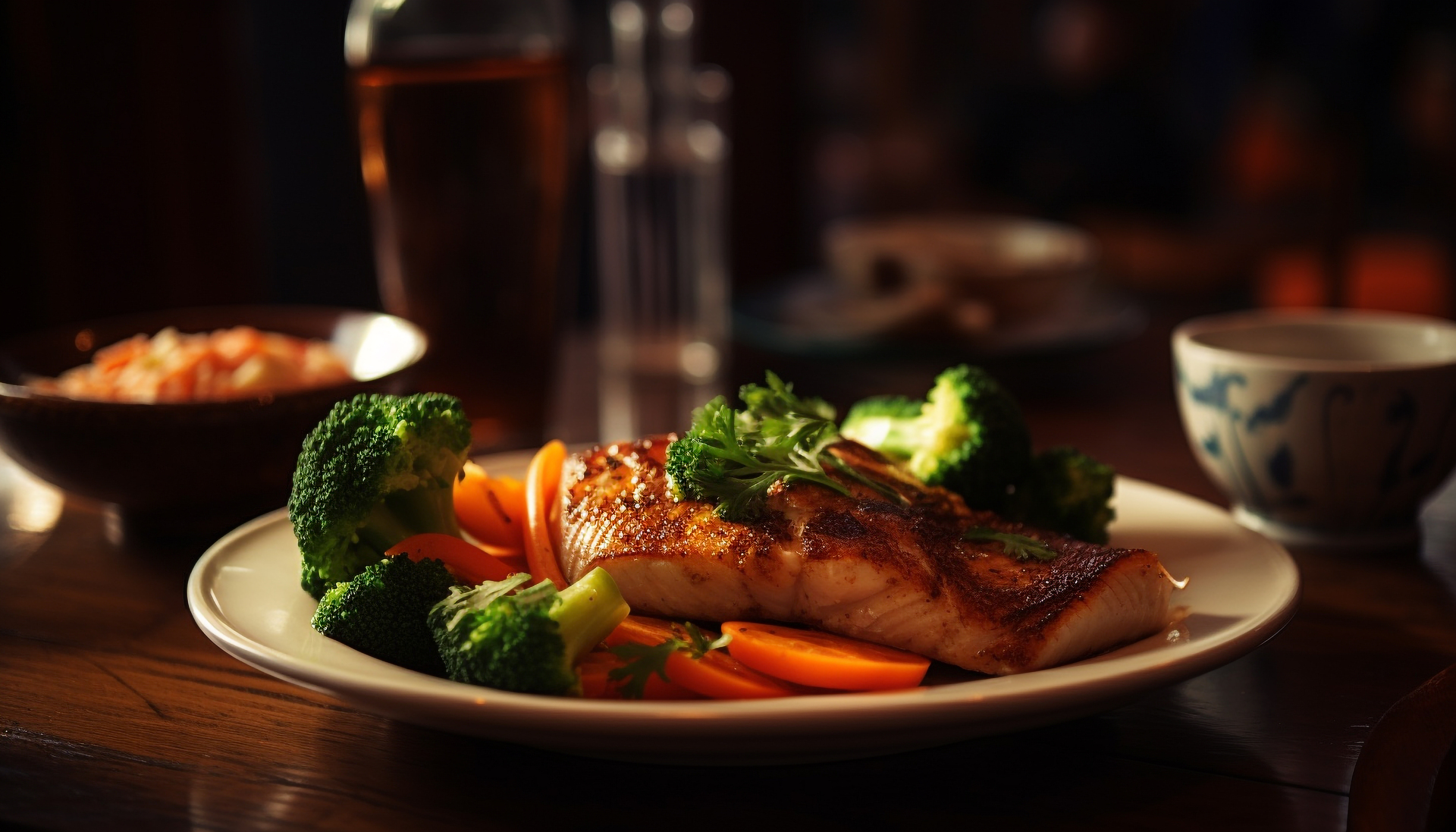 Grillowana ryba i warzywa na białym talerzu, jako przykład zdrowego i lekkiego obiadu