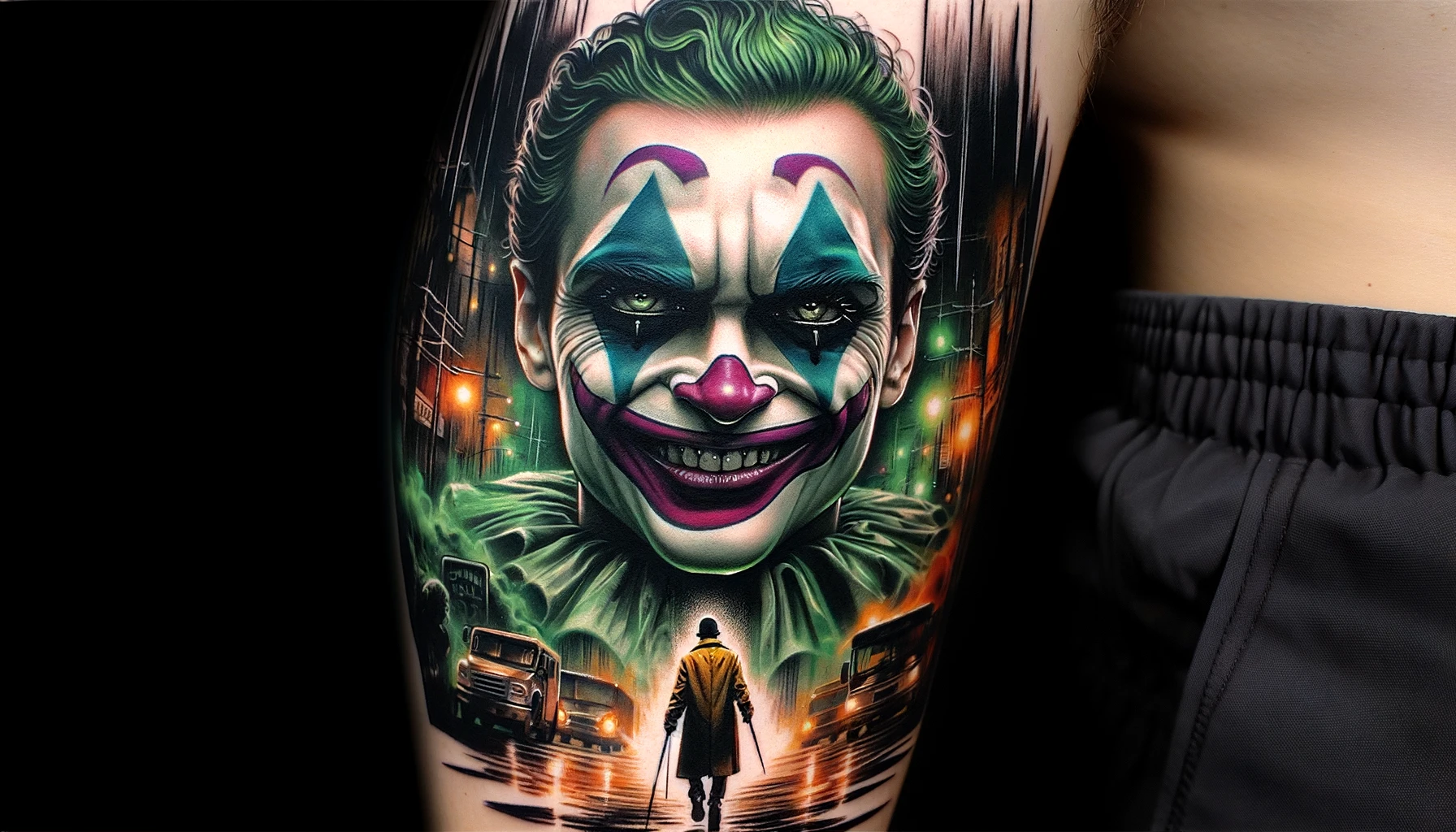 Kolorowy tatuaż Jokera na przedramieniu