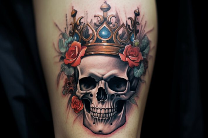 Przedramię ozdobione tatuażem z koroną na czaszce