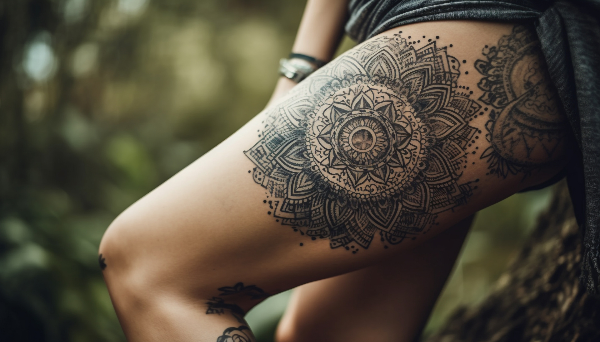Tatuaż mandala na udzie kobiety ukazanym na tle zieleni