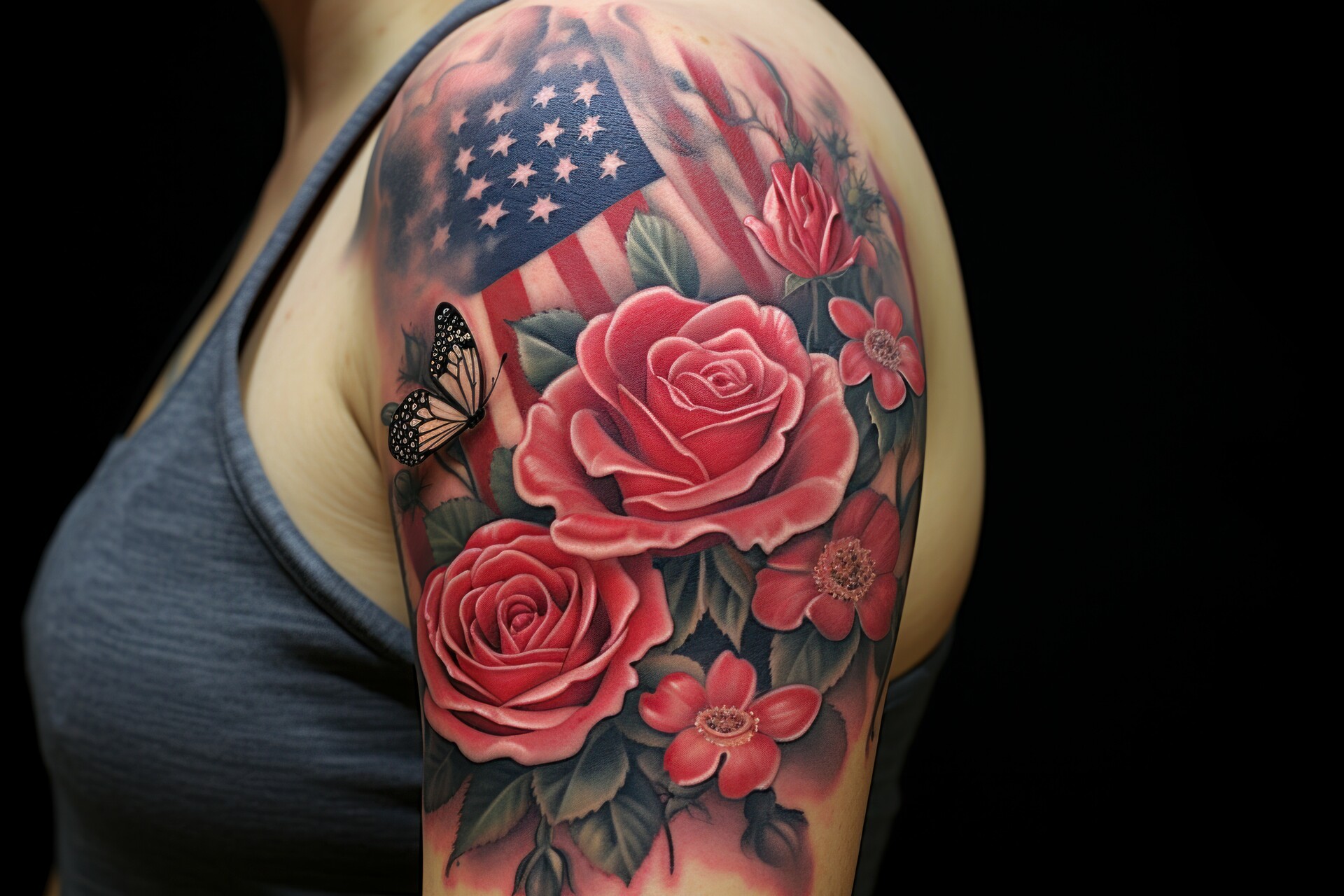 Ramię kobiety z tatuażem zawierającym fragment flagi narodowej USA i czerwone kwiaty