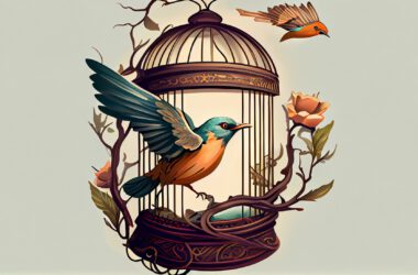 Kolorowy szkic tatuażu z ptakiem w klatce