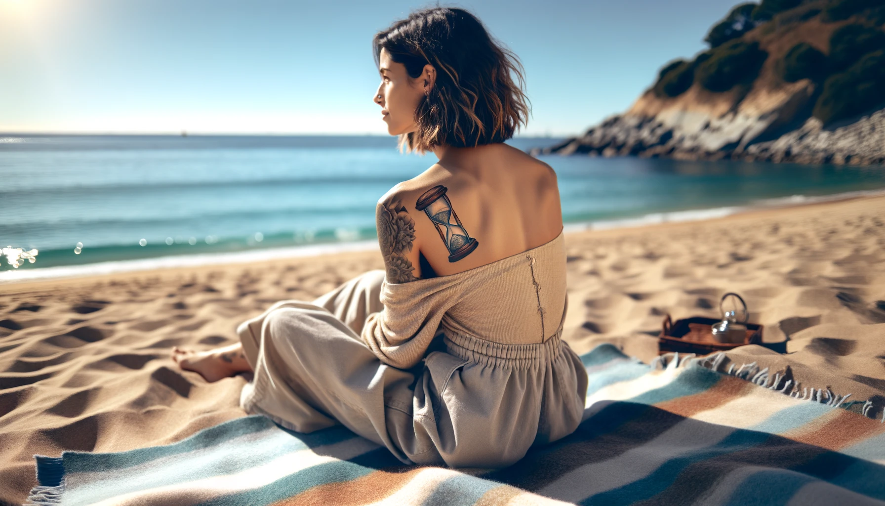Kobieta siedząca na plaży z tatuażem klepsydrą na ramieniu