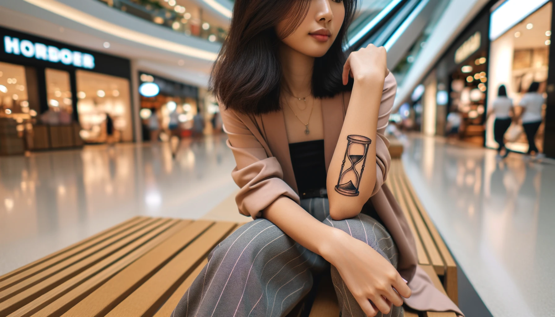 Kobieta z tatuaże klepsydrą na przegubie ręki, siedząca w galerii handlowej