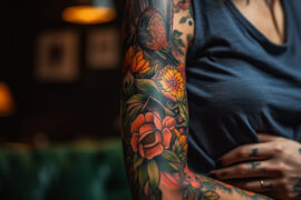Kolorowy tatuaż na bicepsie kobiety