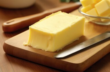 Kostka masła na drewnianej desce do krojenia z nożem
