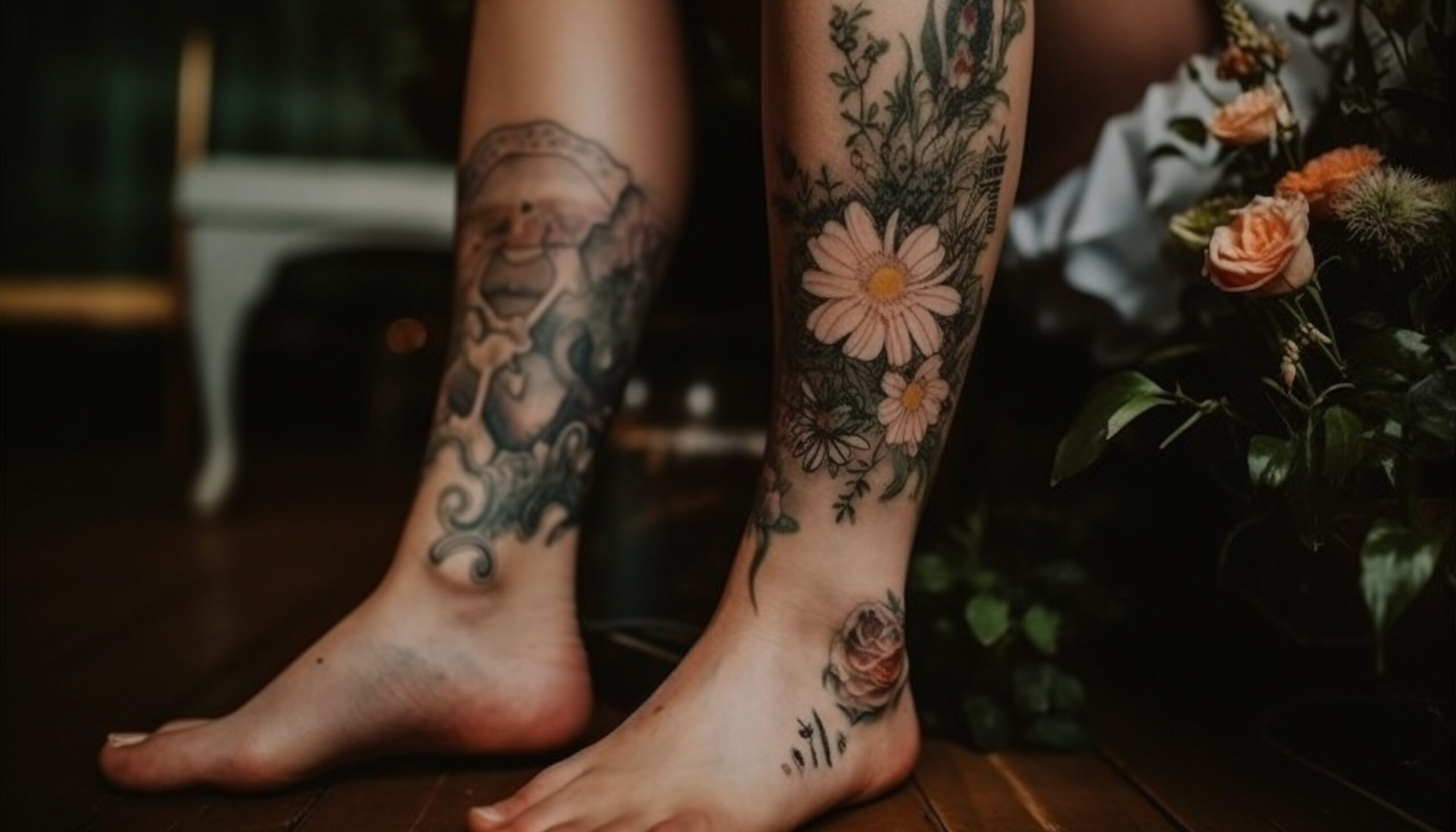 Tatuaż kwiaty na nodze kobiety