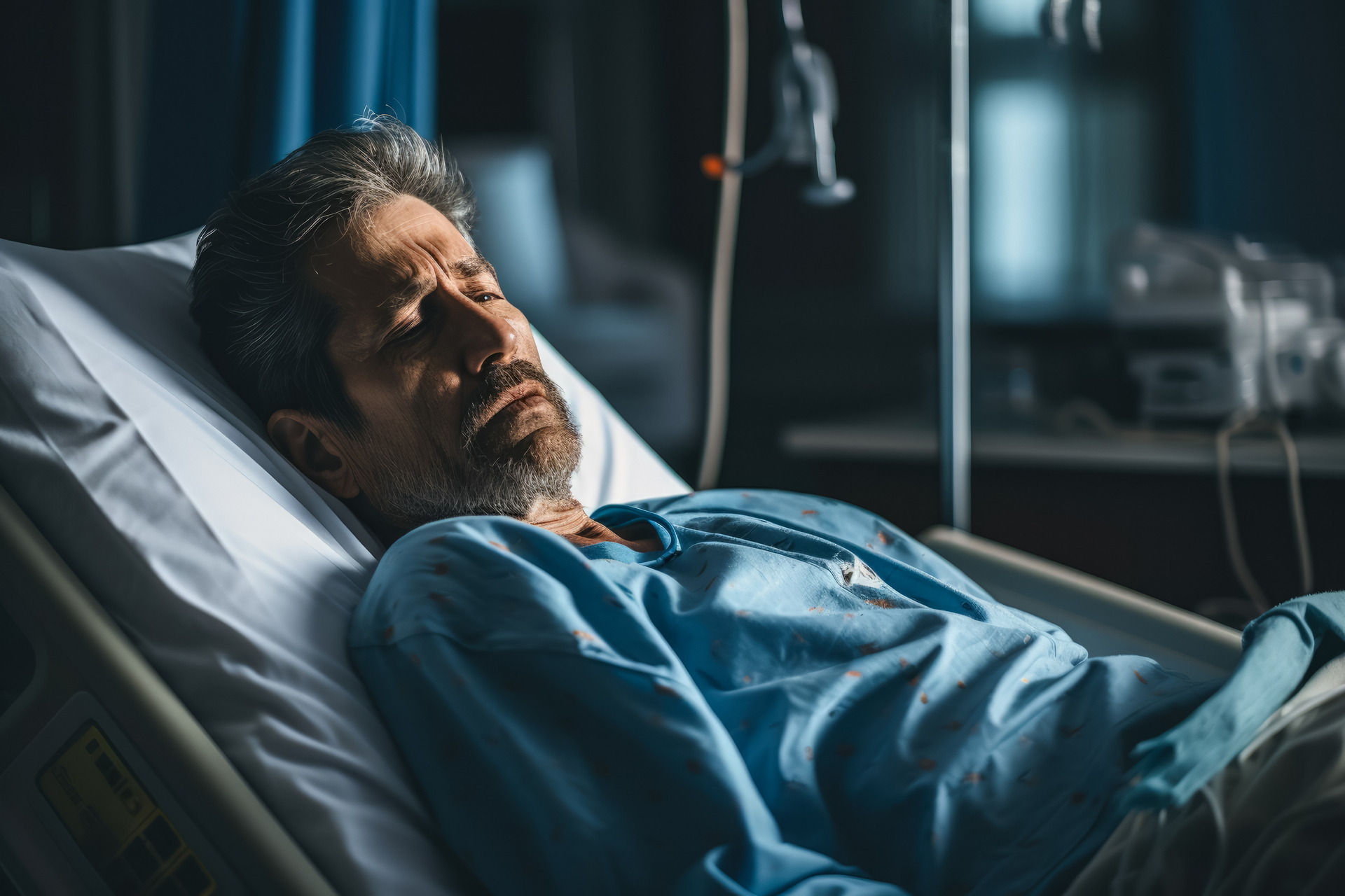 Mężczyzna po udarze w szpitalnym łóżku