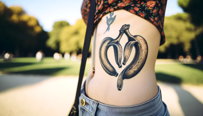 Tatuaż serce stworzony z bananów na żebrach kobiety