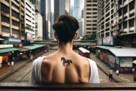 Kobieta z tatuażem konia na plecach siedząca na ławce w mieście