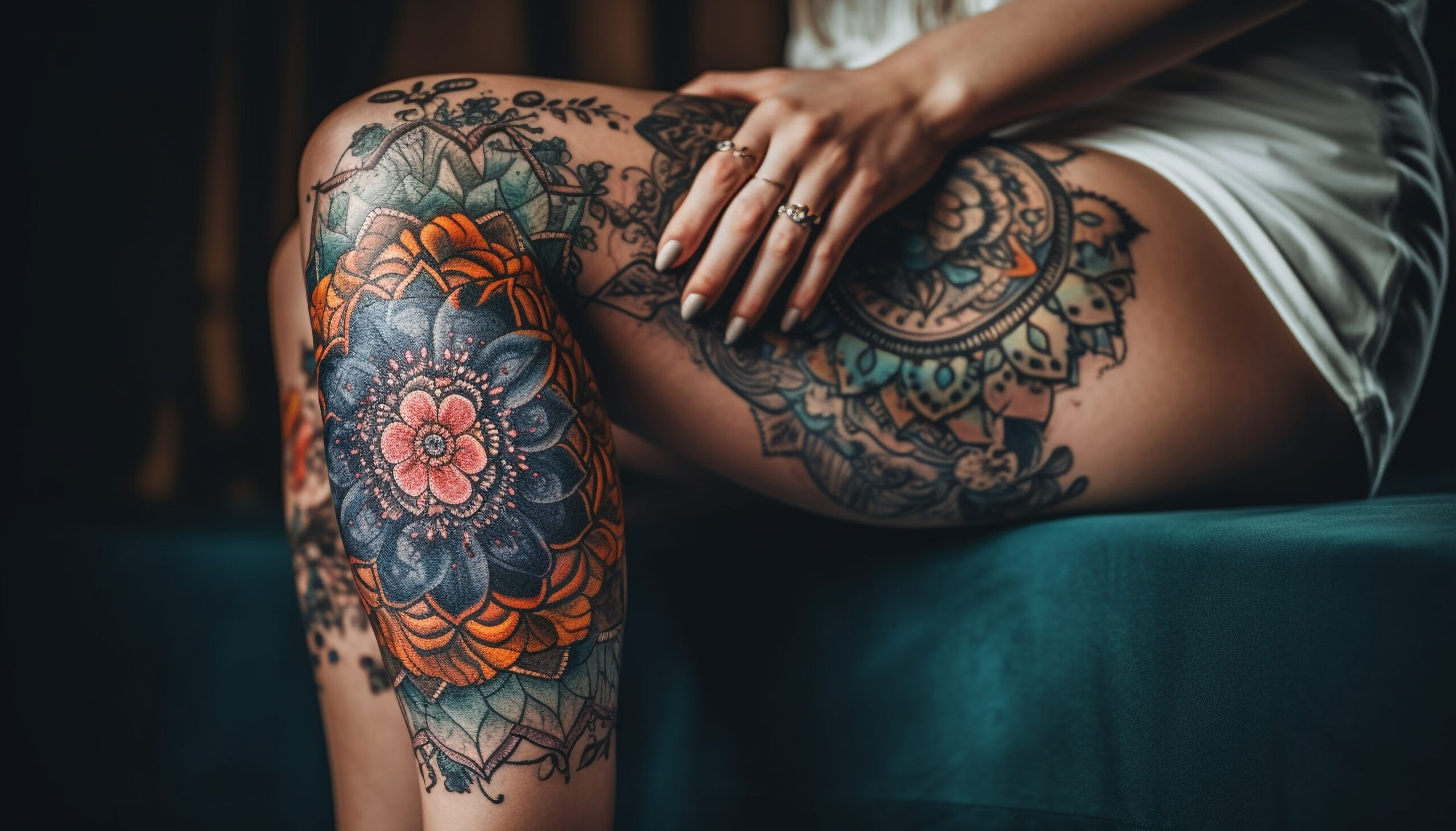 Duży kolorowy tatuaż na udzie kobiety