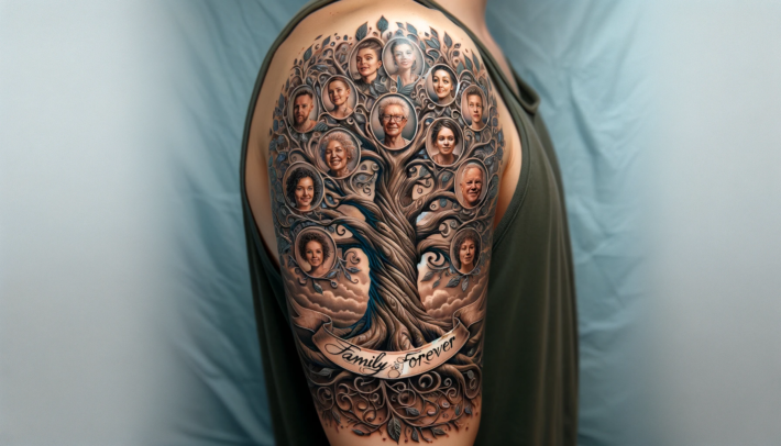 Męskie ramię z tatuażem przedstawiającym drzewo genealogiczne