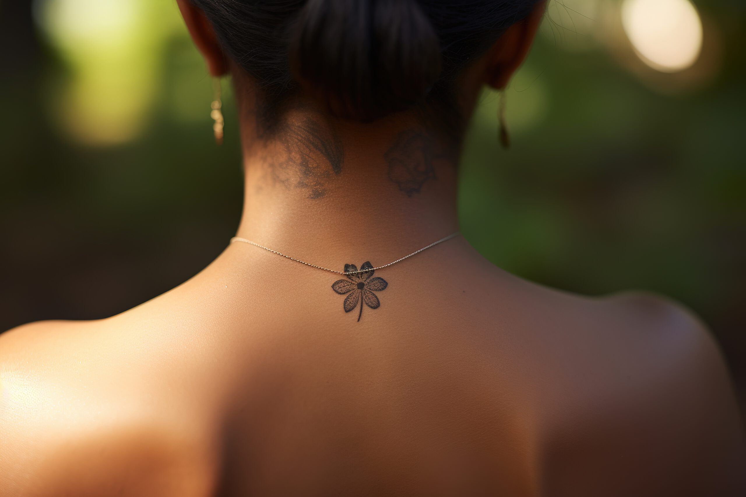 Tatuaż z małym kwiatuszkiem na szyi