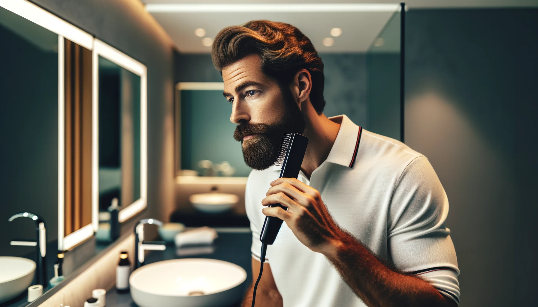 Mężczyzna prostujący brodę przed lustrem